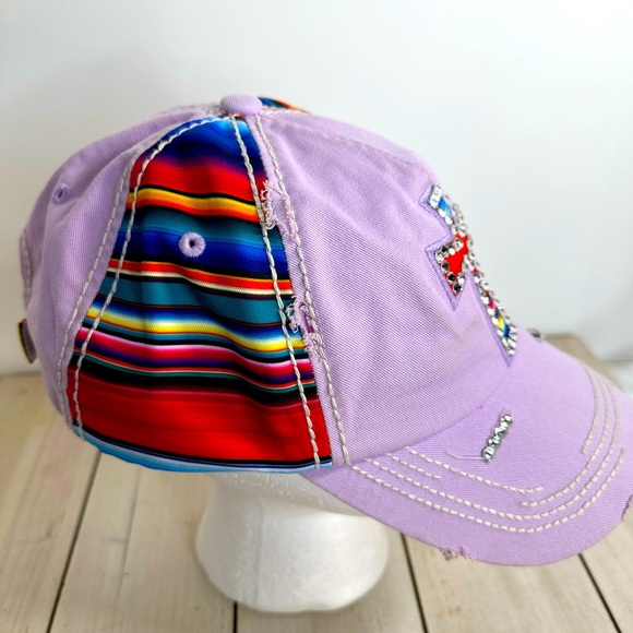 Women’s Glitzy Bella ball cap multi colored cross W/ rhinestones, distressed - Picture 3 of 10